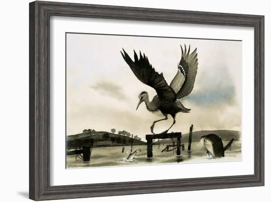 An Otter Watches a Heron-null-Framed Giclee Print