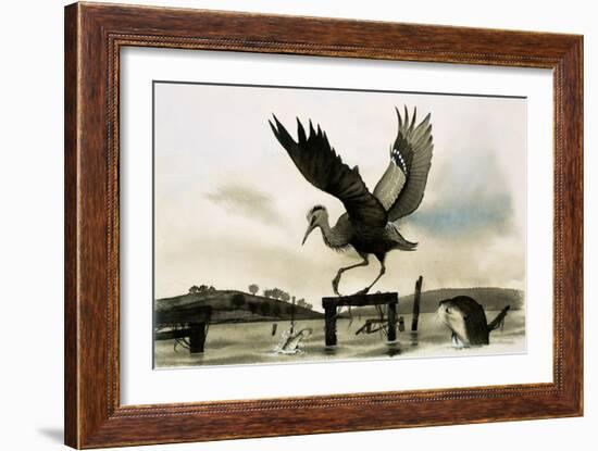 An Otter Watches a Heron-null-Framed Giclee Print