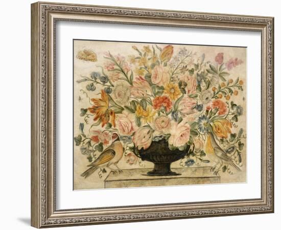 An Urn Containing Flowers on a Ledge with Two Birds, 1600-Octavianus Montfort-Framed Giclee Print