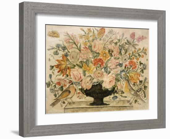 An Urn Containing Flowers on a Ledge with Two Birds, 1600-Octavianus Montfort-Framed Giclee Print