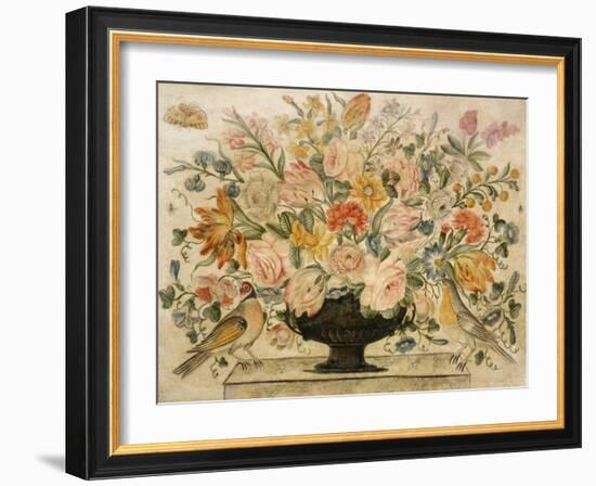 An Urn Containing Flowers on a Ledge with Two Birds, 1600-Octavianus Montfort-Framed Giclee Print