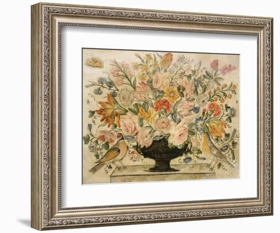 An Urn Containing Flowers on a Ledge with Two Birds, 1600-Octavianus Montfort-Framed Giclee Print