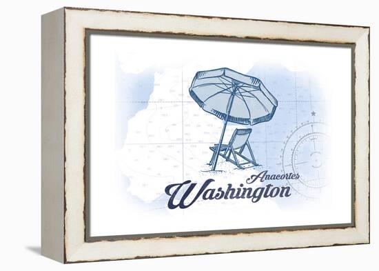 Anacortes, Washington - Beach Chair and Umbrella - Blue - Coastal Icon-Lantern Press-Framed Stretched Canvas