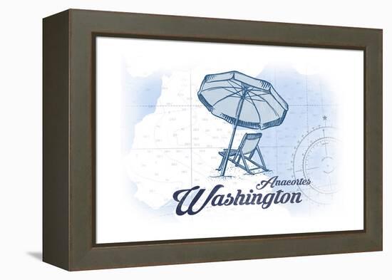 Anacortes, Washington - Beach Chair and Umbrella - Blue - Coastal Icon-Lantern Press-Framed Stretched Canvas