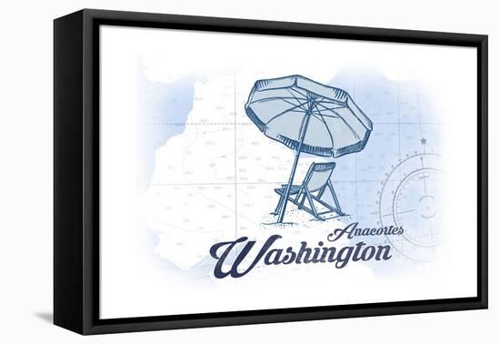Anacortes, Washington - Beach Chair and Umbrella - Blue - Coastal Icon-Lantern Press-Framed Stretched Canvas