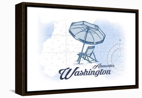 Anacortes, Washington - Beach Chair and Umbrella - Blue - Coastal Icon-Lantern Press-Framed Stretched Canvas