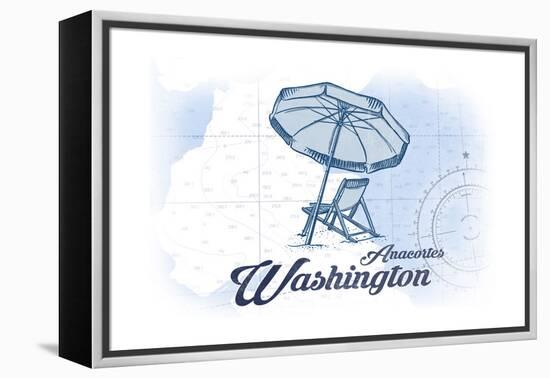 Anacortes, Washington - Beach Chair and Umbrella - Blue - Coastal Icon-Lantern Press-Framed Stretched Canvas