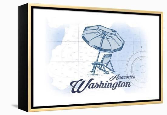 Anacortes, Washington - Beach Chair and Umbrella - Blue - Coastal Icon-Lantern Press-Framed Stretched Canvas