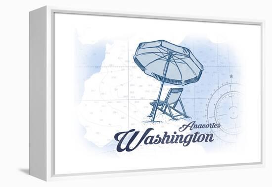 Anacortes, Washington - Beach Chair and Umbrella - Blue - Coastal Icon-Lantern Press-Framed Stretched Canvas