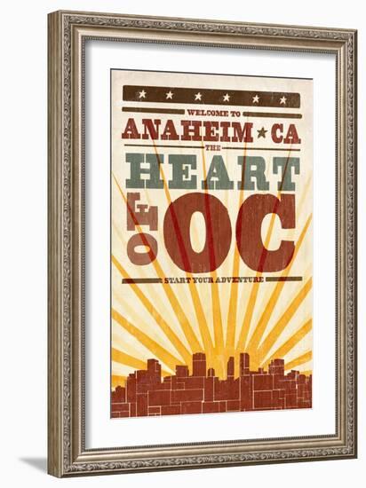 Anaheim, California - Skyline and Sunburst Screenprint Style-Lantern Press-Framed Art Print