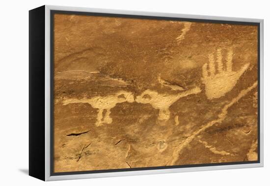 Anasazi/Ancient Puebloan Petroglyphs of the Parrot Clan Symbol, Mesa Verde National Park, Colorado-null-Framed Premier Image Canvas