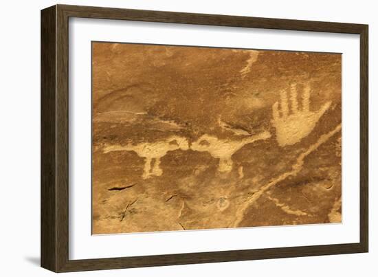 Anasazi/Ancient Puebloan Petroglyphs of the Parrot Clan Symbol, Mesa Verde National Park, Colorado-null-Framed Photographic Print