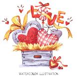 Lovely Hand Drawn Illustration. Watercolor Valentines Day Card. Wooden Box with Textile Hearts in T-Anastezia Luneva-Art Print