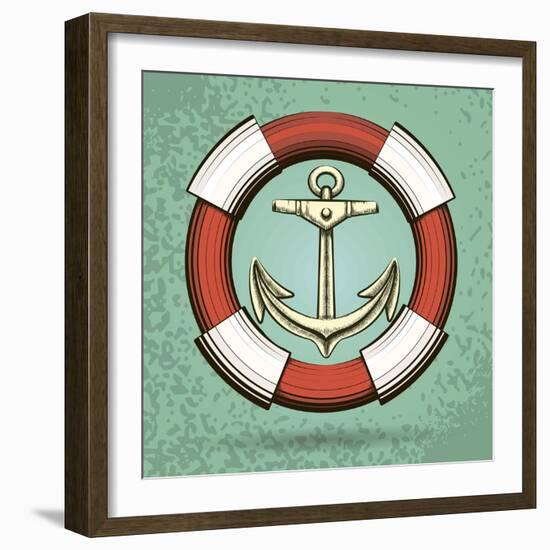 Anchor and Lifebuoy in Retro Style. Colorful Illustration-Olena Bogadereva-Framed Art Print