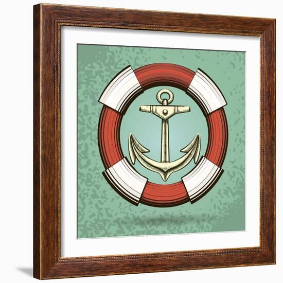 Anchor and Lifebuoy in Retro Style. Colorful Illustration-Olena Bogadereva-Framed Art Print