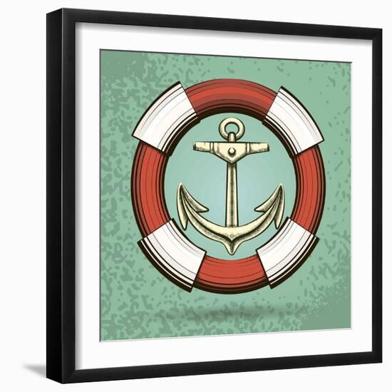 Anchor and Lifebuoy in Retro Style. Colorful Illustration-Olena Bogadereva-Framed Art Print