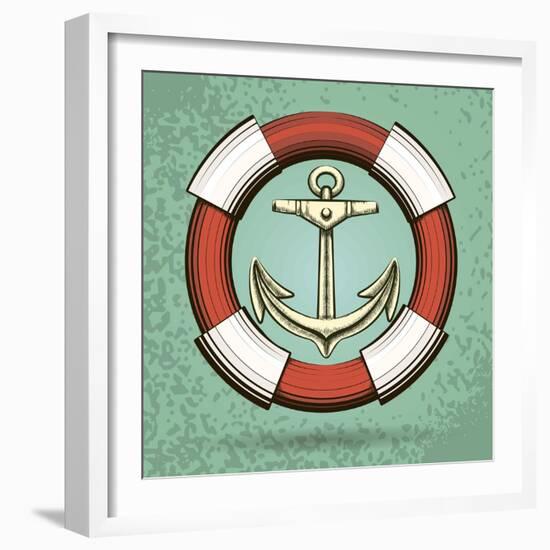 Anchor and Lifebuoy in Retro Style. Colorful Illustration-Olena Bogadereva-Framed Art Print