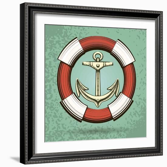 Anchor and Lifebuoy in Retro Style. Colorful Illustration-Olena Bogadereva-Framed Art Print