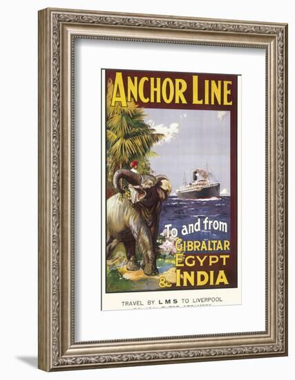 Anchor Line Poster for Ship Travel Between Gibraltar, Egypt and India with an Elephant-null-Framed Photographic Print