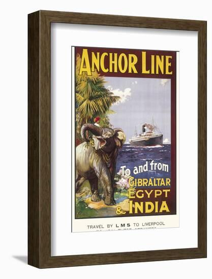 Anchor Line Poster for Ship Travel Between Gibraltar, Egypt and India with an Elephant--Framed Photographic Print