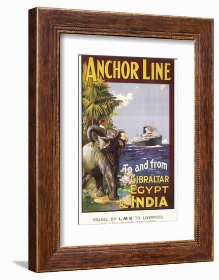 Anchor Line Poster for Ship Travel Between Gibraltar, Egypt and India with an Elephant-null-Framed Photographic Print