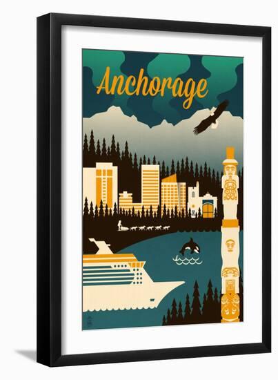 Anchorage, Alaska - Retro Skyline-Lantern Press-Framed Art Print