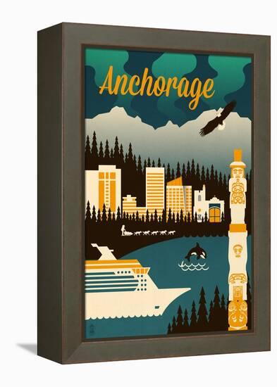 Anchorage, Alaska - Retro Skyline-Lantern Press-Framed Stretched Canvas