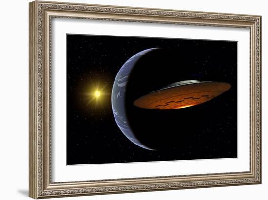 Ancient Aliens Arriving Towards Earth in Flying Saucers-null-Framed Art Print