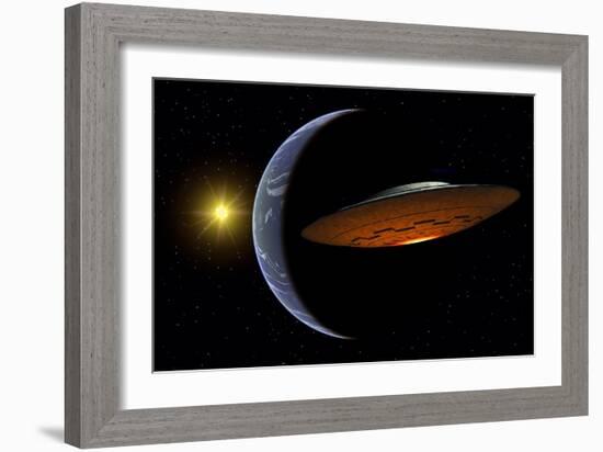 Ancient Aliens Arriving Towards Earth in Flying Saucers-null-Framed Art Print