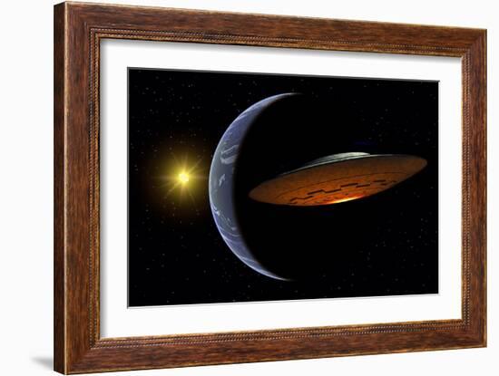 Ancient Aliens Arriving Towards Earth in Flying Saucers-null-Framed Art Print