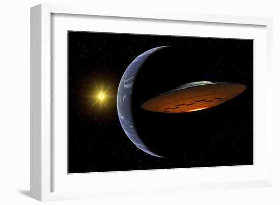 Ancient Aliens Arriving Towards Earth in Flying Saucers-null-Framed Art Print