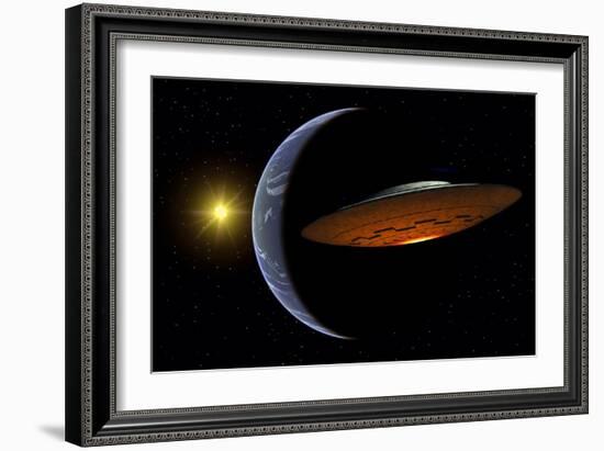 Ancient Aliens Arriving Towards Earth in Flying Saucers-null-Framed Art Print