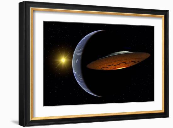 Ancient Aliens Arriving Towards Earth in Flying Saucers-null-Framed Art Print