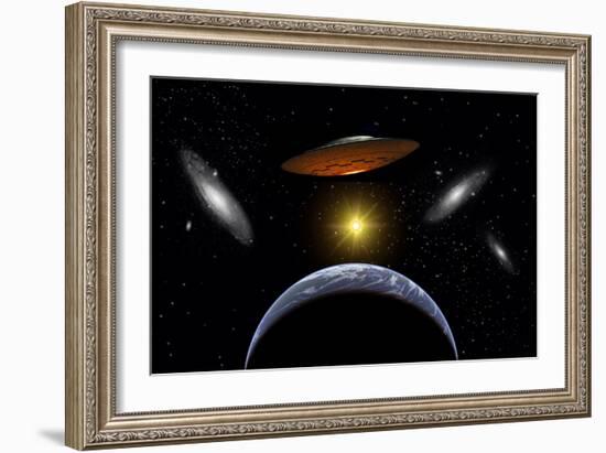 Ancient Aliens Arriving Towards Earth in Flying Saucers-null-Framed Art Print