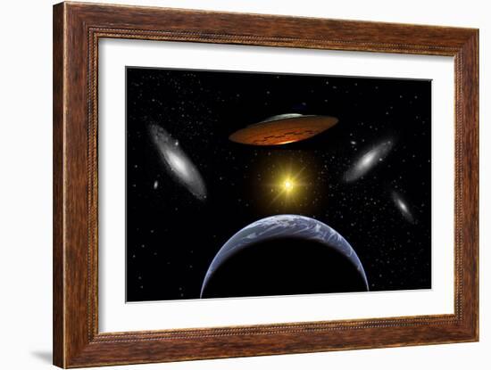 Ancient Aliens Arriving Towards Earth in Flying Saucers-null-Framed Art Print