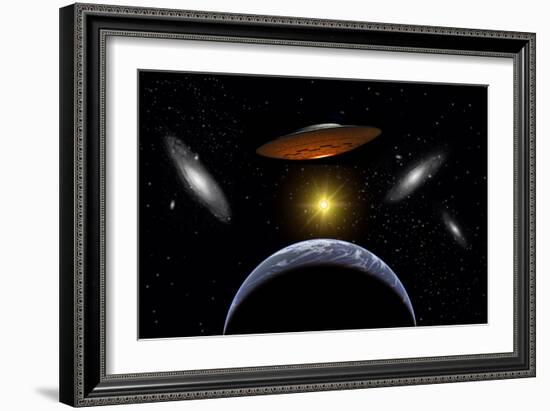 Ancient Aliens Arriving Towards Earth in Flying Saucers-null-Framed Art Print