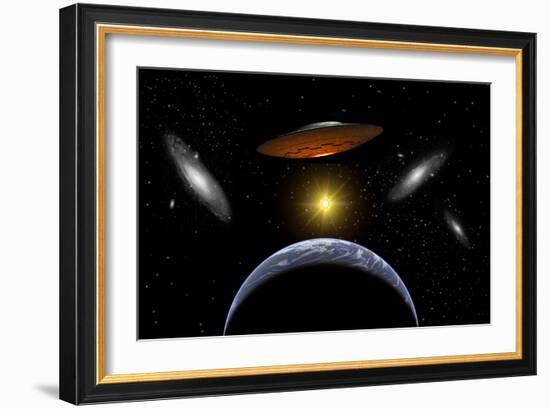 Ancient Aliens Arriving Towards Earth in Flying Saucers-null-Framed Art Print