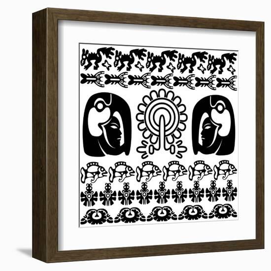 Ancient American Pattern On White-Sateda-Framed Art Print