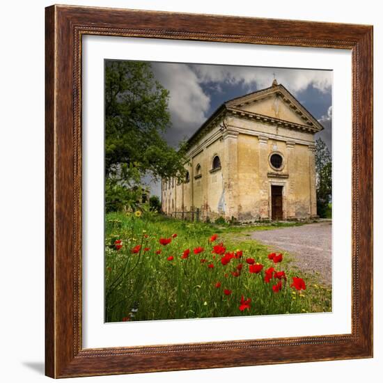 Ancient church ruin surrounded by bright reed poppies. Montalcino. Tuscany, Italy.-Tom Norring-Framed Photographic Print