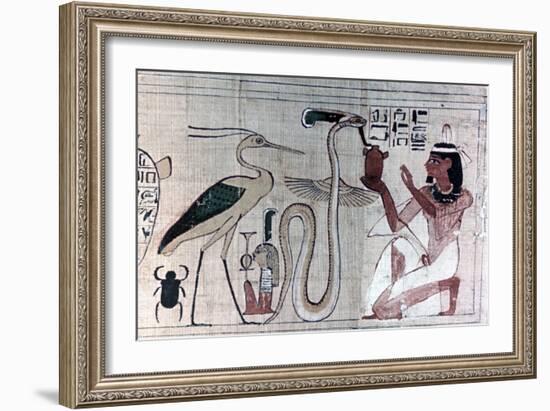 Ancient Egyptian papyrus of death kneeling before a snake. Artist: Unknown-Unknown-Framed Giclee Print