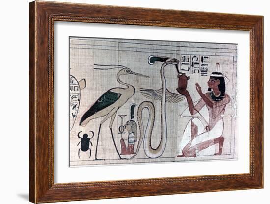 Ancient Egyptian papyrus of death kneeling before a snake. Artist: Unknown-Unknown-Framed Giclee Print