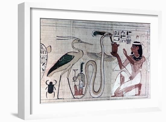 Ancient Egyptian papyrus of death kneeling before a snake. Artist: Unknown-Unknown-Framed Giclee Print