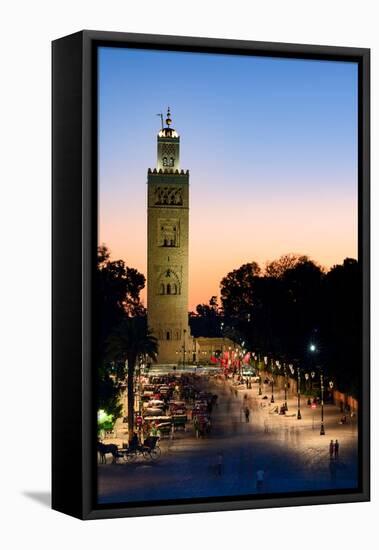 Ancient Koutoubia Mosque, and Jemaa el Fna road at twilight, Marrakech, Morocco, North Africa-Roberto Moiola-Framed Premier Image Canvas