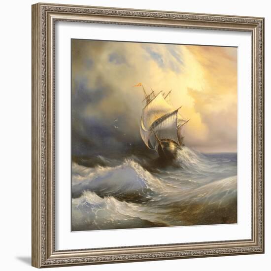 Ancient Sailing Vessel In Stormy Sea-balaikin2009-Framed Art Print