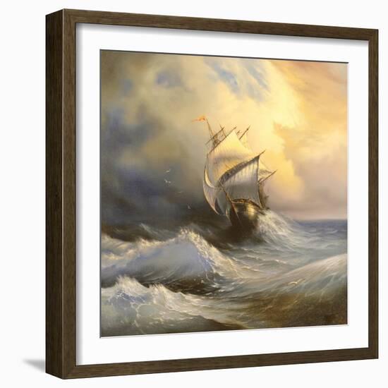 Ancient Sailing Vessel In Stormy Sea-balaikin2009-Framed Art Print