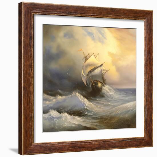 Ancient Sailing Vessel In Stormy Sea-balaikin2009-Framed Art Print