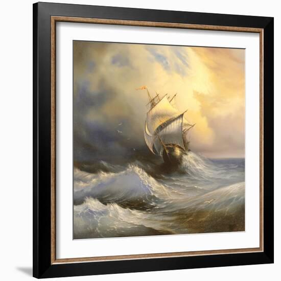 Ancient Sailing Vessel In Stormy Sea-balaikin2009-Framed Art Print