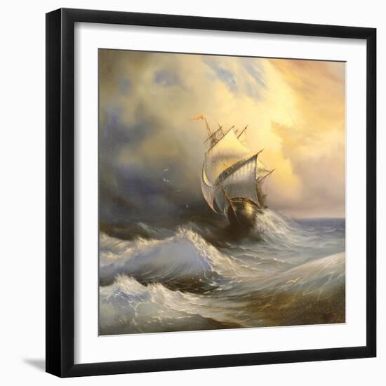 Ancient Sailing Vessel In Stormy Sea-balaikin2009-Framed Art Print