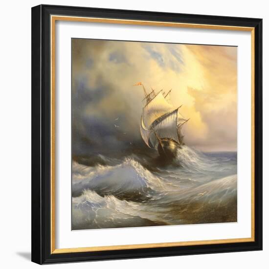 Ancient Sailing Vessel In Stormy Sea-balaikin2009-Framed Art Print