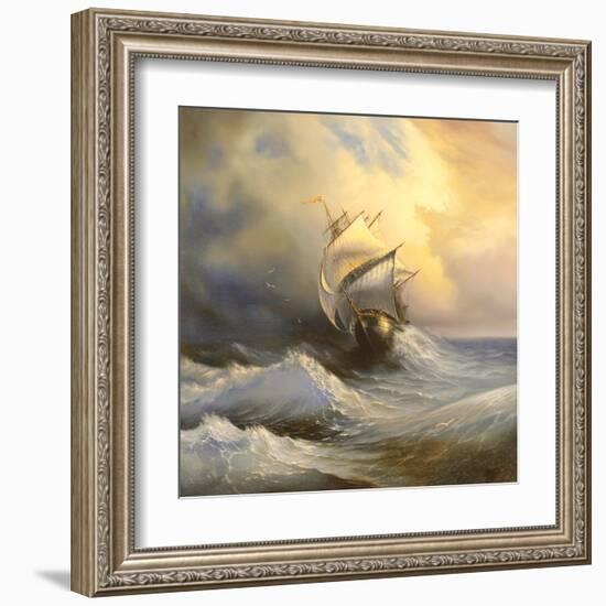 Ancient Sailing Vessel In Stormy Sea-balaikin2009-Framed Art Print